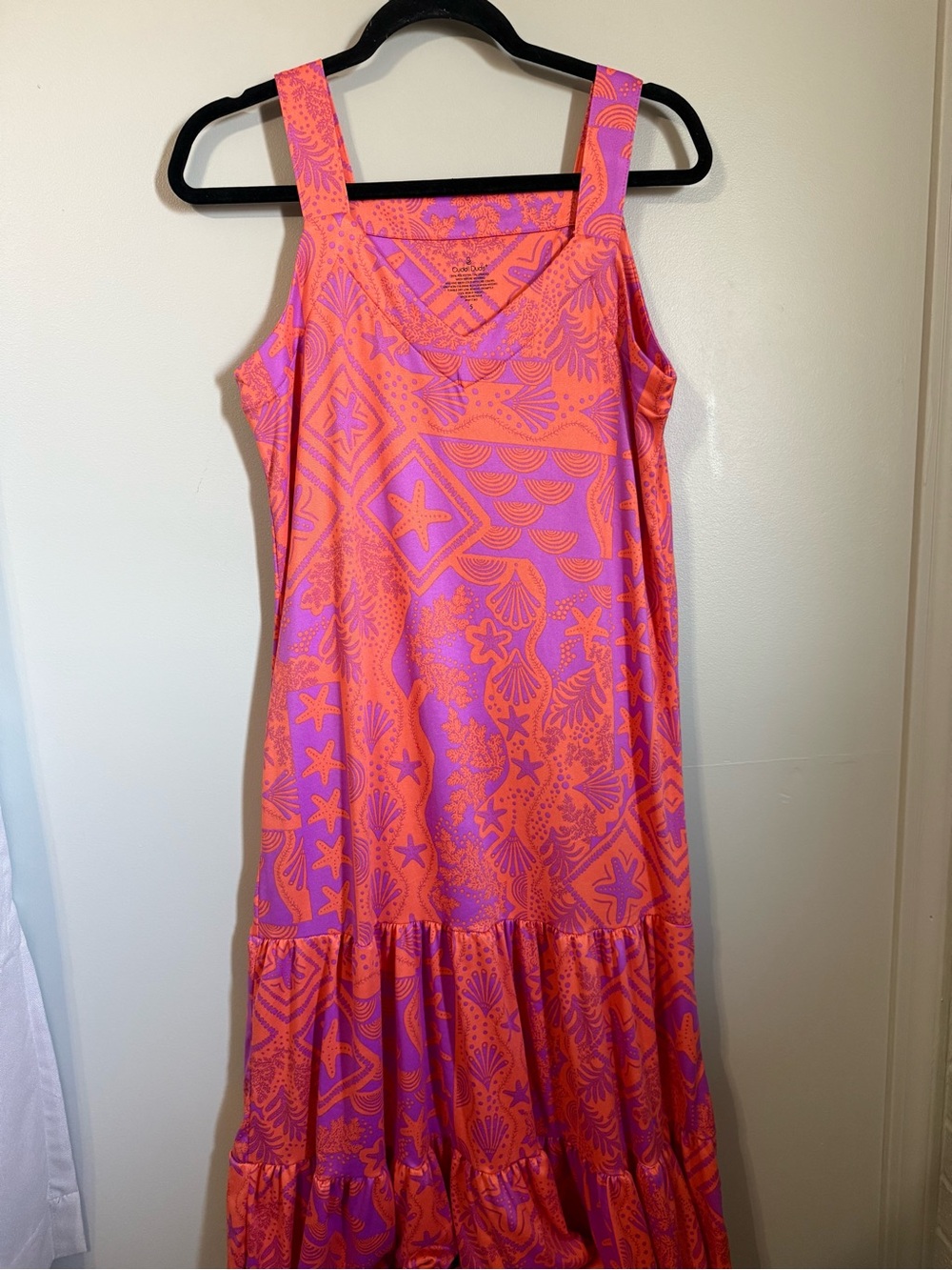 NWOT Cuddl Duds Orange Pink Starfish Shell Sea Motif Tiered Tank Maxi Dress Size